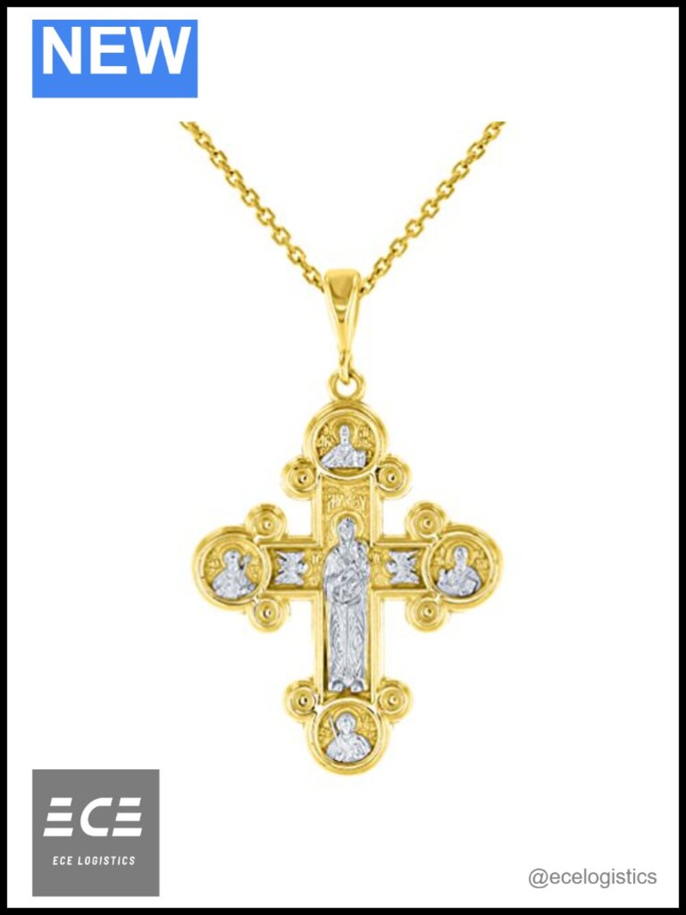 14K Yellow Gold Virgin Mary Jesus Saints Cross Pendant Necklace 20in